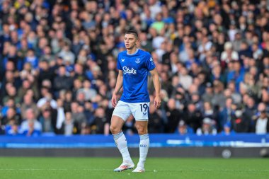 Premier Lig maçı sırasında Everton 'dan Vitaliy Mykolenko 28 Eylül 2024' te Goodison Park, Liverpool 'da Everton' a karşı Crystal Palace maçında