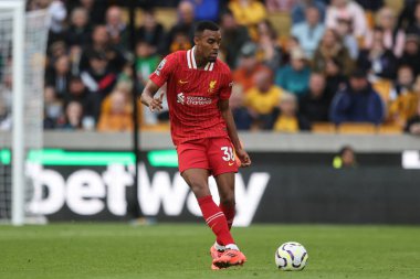 Liverpool 'dan Ryan Gravenberch, Premier Lig maçı sırasında Wolverhampton Wanderers' a karşı Molineux, Wolverhampton, Birleşik Krallık 'ta 28 Eylül 2024' te oynanan maçta pas attı.