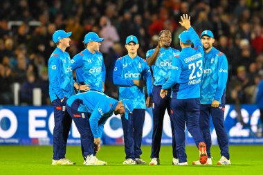 Jofra ARCHER of England celebrates with his team after bowling out of Mitchell MARSH of Australia during the Third Metro Bank One Day International England v Australia at Lords, London, United Kingdom, 27th September 2024 clipart