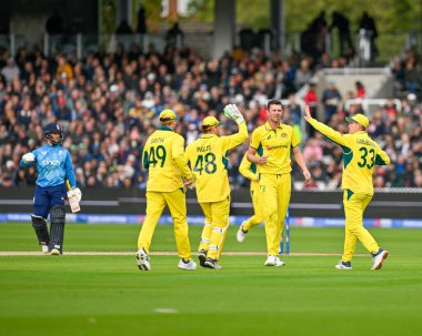 Josh HAZLEWOOD of Australia celebrates with his team after bowling ot Phil SALT of England during the Third Metro Bank One Day International England v Australia at Lords, London, United Kingdom, 27th September 2024 clipart