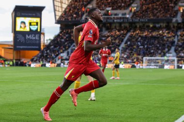 Liverpool 'dan İbrahima Konat, 28 Eylül 2024 tarihinde İngiltere' nin Wolverhampton kentinde oynanan Premier League karşılaşmasında Wolverhampton Wanderers 'a karşı Liverpool maçında 0-1 kazanma hedefini kutluyor.