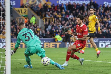 Wolverhampton Wanderers 'dan Sam Johnstone, Liverpool' lu Dominik Szoboszlai 'nin 28 Eylül 2024' te Molineux, Wolverhampton, İngiltere 'de oynanan Premier League maçında Wolverhampton Wanderers' a karşı Liverpool maçında attığı şutu blokladı.