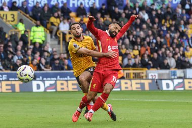 Liverpool 'dan Mohamed Salah, 28 Eylül 2024' te İngiltere 'nin Wolverhampton kentinde oynanan Premier League maçında Liverpool' a karşı Wolverhampton Wanderers maçında penaltı verilmemesine rağmen sahaya çıkıyor.