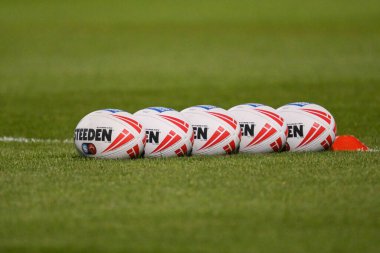 Match balls ahead of the pre match warm up of the Betfred Super League play-off Eliminator 1 Salford Red Devils v Leigh Leopards at Salford Community Stadium, Eccles, United Kingdom, 27th September 2024 clipart