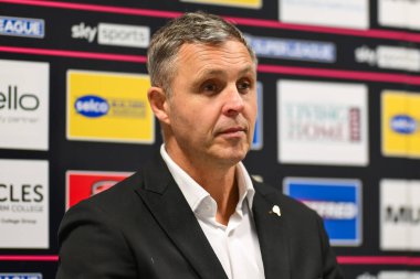 Paul Rowley Head Coach of Salford Red Devils during the post match press conference during the Betfred Super League play-off Eliminator 1 Salford Red Devils v Leigh Leopards at Salford Community Stadium, Eccles, United Kingdom, 27th September 2024 clipart