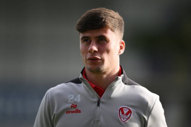 St. Helens 'ten Jake Burns, 28 Eylül 2024' te Halliwell Jones Stadyumu, Warrington, İngiltere 'de oynanan Betfred Süper Lig eleme maçından önce