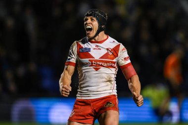 Jonny Lomax of St. Helens celebrates his sides successful conversion attempt which levels the score during the Betfred Super League play-off Eliminator 2 Warrington Wolves v St Helens at Halliwell Jones Stadium, Warrington, UK, 28th September 2024 clipart