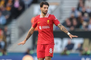 Liverpool 'dan Dominik Szoboszlai, Premier League maçı sırasında takımına talimatlar veriyor Wolverhampton Wanderers Liverpool' a karşı Molineux, Wolverhampton, İngiltere, 28 Eylül 2024