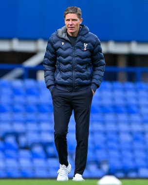 Kristal Saray 'ın Oliver Glasner teknik direktörü, 28 Eylül 2024 tarihinde İngiltere' de Goodison Park 'ta oynanan Premier League maçı öncesinde Everton ve Crystal Palace maçının sunumunu inceliyor.