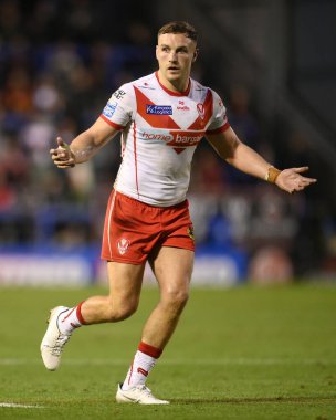 St. Helens 'ten Matty Lees, 28 Eylül 2024' te İngiltere 'nin Warrington şehrindeki Halliwell Jones Stadyumu' nda oynanan Betfred Süper Lig eleme maçında tepki gösterdi.