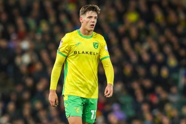 Norwich City 'den Ante Crnac, Norwich City' nin Leeds United 'a karşı oynadığı 1 Ekim 2024' te oynanan Sky Bet Şampiyonası maçına bakıyor.