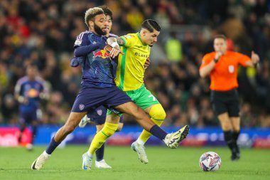 Borja Sainz of Norwich City is put under pressure by Jayden Bogle of Leeds United during the Sky Bet Championship match Norwich City vs Leeds United at Carrow Road, Norwich, United Kingdom, 1st October 2024 clipart