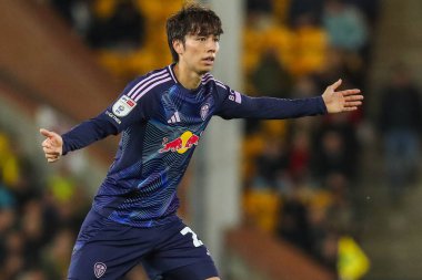Leeds United takımından Ao Tanaka, 1 Ekim 2024 'te Norwich City, Norwich Road' da Leeds United 'a karşı oynanan Sky Bet Şampiyonası maçında tepki gösterdi.