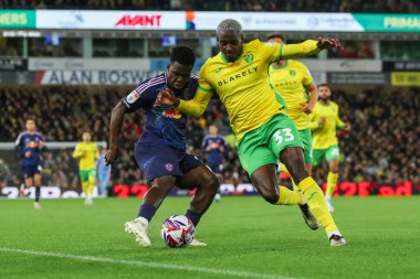 Leeds United 'dan Wilfried Gnonto, Norwich City' den Jose Cordoba 'nın 1 Ekim 2024' te Norwich City, Norwich Road, Norwich United 'a karşı oynadığı Sky Bet Şampiyonası maçında baskısı altına girdi.