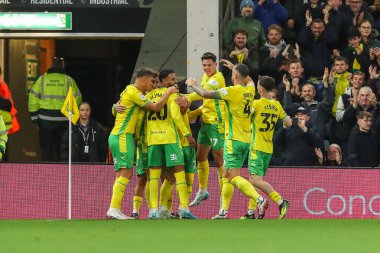 Norwich City 'den Josh Sargent, 1 Ekim 2024' te Norwich City, Norwich Road, İngiltere 'de Leeds United' a karşı oynanan Sky Bet Şampiyonası maçında 1-0 kazanma hedefini kutluyor.