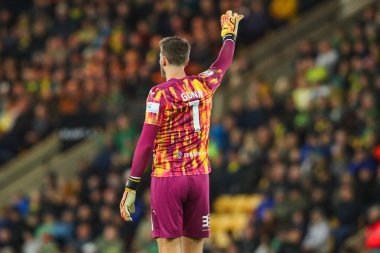 Norwich City 'den Angus Gunn, 1 Ekim 2024' te Norwich City ile Leeds United arasındaki Sky Bet Şampiyonası maçında takım talimatlarını verir.