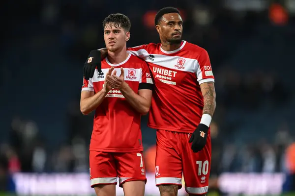 stock image Hayden Hackney of Middlesbrough and Delano Burgzorg of Middlesbrough celebrate the full time result during the Sky Bet Championship match West Bromwich Albion vs Middlesbrough at The Hawthorns, West Bromwich, United Kingdom, 1st October 2024