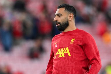 Liverpool 'dan Muhammed Salah, Liverpool Ligi - Lig Stage maçı öncesi Anfield, Liverpool, İngiltere' de 2 Ekim 2024 'te Liverpool - Bologna maçında ısındı.