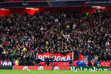 Bologna taraftarları Anfield 'e UEFA Şampiyonlar Ligi - Lig Stage maçı öncesinde Anfield, Liverpool, İngiltere, 2 Ekim 2024' te geldi.