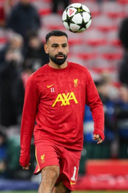 Liverpool 'dan Muhammed Salah, Liverpool Ligi - Lig Stage maçı öncesi Anfield, Liverpool, İngiltere' de 2 Ekim 2024 'te Liverpool - Bologna maçında ısındı.