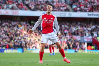 Arsenal 'den Gabriel Martinelli, 5 Ekim 2024' te Birleşik Krallık 'taki Emirates Stadyumu' nda oynanan Premier League karşılaşmasında tepki gösterdi.