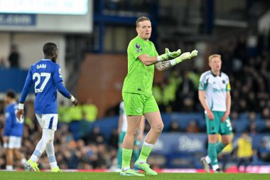 Everton 'dan Jordan Pickford, İngiltere' nin Liverpool kenti Goodison Park 'ta oynanan Everton - Newcastle United Premier League maçı sırasında tepki gösterdi.