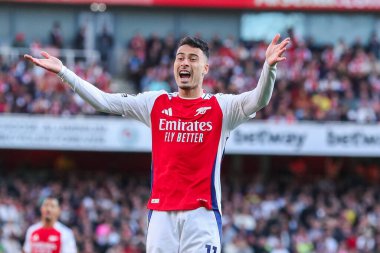 Arsenal 'den Gabriel Martinelli, 5 Ekim 2024' te Birleşik Krallık 'taki Emirates Stadyumu' nda oynanan Premier League karşılaşmasında tepki gösterdi.