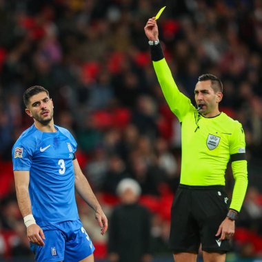 Yunan Konstantinos Koulierakis, UEFA Uluslar Ligi - B-Grubu B2 - 10 Ekim 2024 'te Wembley Stadyumu' nda Yunanistan 'a karşı İngiltere maçında sarı kart aldı.