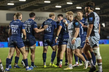 Will Addison of Sale Sharks celebrates his try during the Gallagher Premiership match Sale Sharks vs Newcastle Falcons at Salford Community Stadium, Eccles, United Kingdom, 11th October 2024 clipart