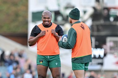 Tarek Haffar of Northampton Saints all smiles he warms up ahead of the Gallagher Premiership match Leicester Tigers vs Northampton Saints at Mattioli Woods Welford Road Stadium, Leicester, United Kingdom, 12th October 2024 clipart