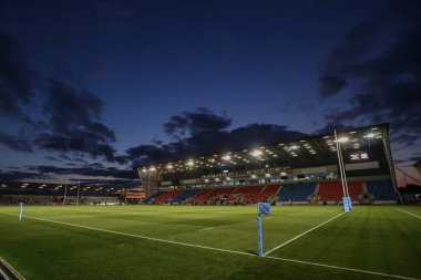 Salford Community Stadyumu 'nun Gallagher Premiership maçı sırasında Salford Community Stadyumu, Eccles, 11 Ekim 2024' te Sale Sharks ve Newcastle Falcons maçında genel bir görüntüsü.