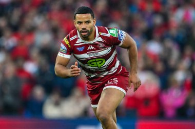 Kruise Leeming of Wigan Warriors 12 Ekim 2024 'te Old Trafford, Manchester, İngiltere' de oynanan Wigan Warriors vs Hull KR maçında