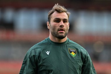 Northampton Saints 'ten Josh Kemeny Gallagher Premiership maçının öncesinde ısınıyor. Leicester Tigers, Northampton Saints' e karşı Mattioli Woods Road Stadyumu, Leicester, 12 Ekim 2024
