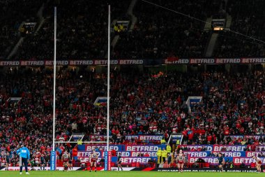 Wigan Warriors 'tan Adam Keighran, 12 Ekim 2024' te Old Trafford, Manchester, İngiltere 'de oynanan Betfred Süper Lig Grand League maçında 9-2' lik penaltı atışı yaptı.