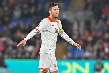 Karadağlı Stevan Joveti UEFA Uluslar Ligi - Grup B - Grup 4 maçı sırasında Cardiff City Stadyumu, İngiltere 'nin Cardiff kentinde Galler - Galler maçı, 14 Ekim 2024