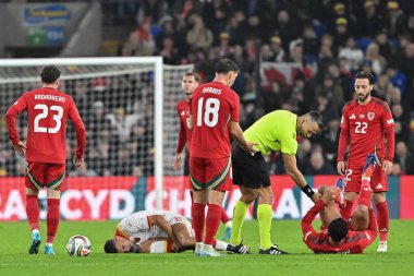 Karadağlı Nikola Krstovi ve Galler 'den Ben Cabango, 14 Ekim 2024' te Cardiff City Stadyumu, İngiltere 'de oynanan Galler-Grup 4 karşılaşmasında mağlup oldular.