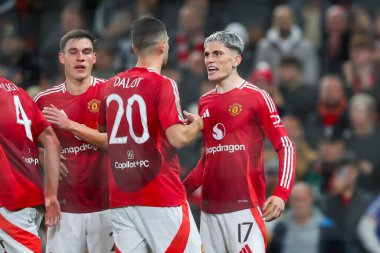 Manchester United takımından Alejandro Garnacho, 30 Ekim 2024 tarihinde Old Trafford, Manchester, İngiltere 'de oynanan ve Manchester United ile Leicester City arasında oynanan Carabao Kupası' nda 2-0 berabere kalma golünü kutluyor.