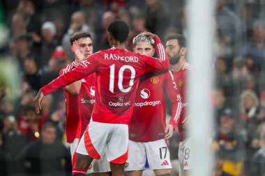 Manchester United takımından Alejandro Garnacho, 30 Ekim 2024 tarihinde Old Trafford, Manchester, İngiltere 'de oynanan ve Manchester United ile Leicester City arasında oynanan Carabao Kupası' nda 2-0 berabere kalma golünü kutluyor.