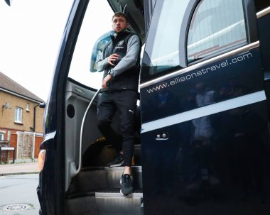 Matthew Pennington of Blackpool arrives at EMS Priestfield Stadium prior to the Emirates FA Cup First Round match Gillingham vs Blackpool at MEMS Priestfield Stadium, Gillingham, United Kingdom, 2nd November 2024 clipart