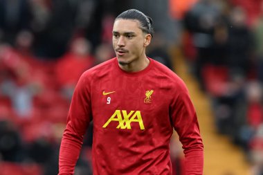 Liverpool 'dan Darwin Nez, İngiltere' nin Liverpool kentinde 2 Kasım 2024 'te oynanan Liverpool-Brighton ve Hove Albion maçının öncesinde ısınıyor.