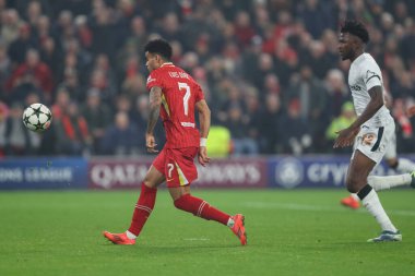 Liverpool 'dan Luis Daz UEFA Şampiyonlar Ligi, Lig Stage maçı Liverpool-Bayer 04 Leverkusen maçında Anfield, Liverpool, Birleşik Krallık' ta 5 Kasım 2024 'te 1-0 berabere kaldı.