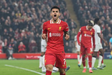 Liverpool 'dan Luis Daz, UEFA Şampiyonlar Ligi, Lig Stage maçı Liverpool Bayer 04 Leverkusen maçında 5 Kasım 2024' te Anfield, Liverpool, İngiltere 'de 3-0' lık galibiyet golünü kutluyor.