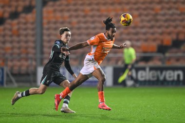 Dominic Thompson of Blackpool heads clear during the Bristol Street Motors Trophy match Blackpool vs Liverpool U21 at Bloomfield Road, Blackpool, United Kingdom, 6th November 2024 clipart