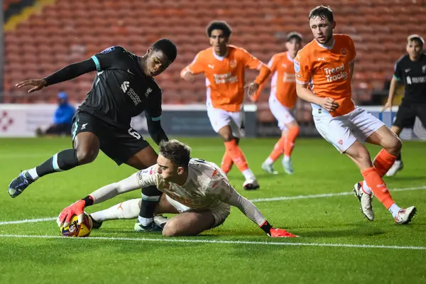 Blackpool 'dan Harry Tyrer, Liverpool' lu Keyrol Figueroa 'nın Bristol Street Motors Kupası karşılaşmasında Liverpool U21' e karşı Bloomfield Road, Blackpool, Birleşik Krallık 'ta 6 Kasım 2024' te kurtarıyor.