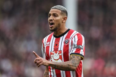 Sheffield United 'dan Vinicius Souza, Sheffield United ile Sheffield Çarşamba günü İngiltere' nin Sheffield şehrinde oynanan Sky Bet Şampiyonası maçında takım talimatlarını veriyor.