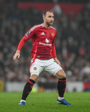 Manchester United ile Leicester City arasındaki Premier League maçında Christian Eriksen, Old Trafford, Manchester, İngiltere 'de 10 Kasım 2024 tarihinde karşı karşıya geldi.