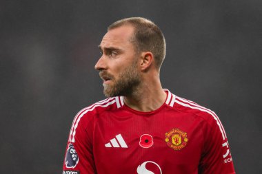Manchester United ile Leicester City arasındaki Premier League maçında Christian Eriksen, Old Trafford, Manchester, İngiltere 'de 10 Kasım 2024 tarihinde karşı karşıya geldi.