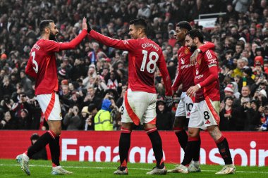 Bruno Fernandes of Manchester United celebrates his goal to make it 2-0 during the Premier League match Manchester United vs Leicester City at Old Trafford, Manchester, United Kingdom, 10th November 2024 clipart