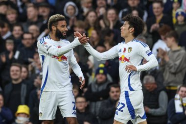 Jayden Bogle of Leeds United celebrates his goal to make it 1-0 with Ao Tanaka of Leeds United during the Sky Bet Championship match Leeds United vs Queens Park Rangers at Elland Road, Leeds, United Kingdom, 9th November 2024 clipart