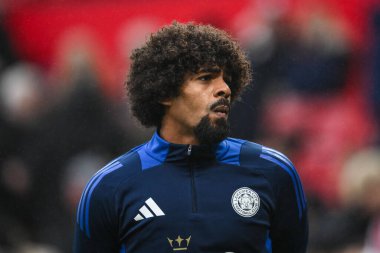 Hamza Choudhury of Leicester City during the pre-game warmup ahead of the Premier League match Manchester United vs Leicester City at Old Trafford, Manchester, United Kingdom, 10th November 2024 clipart